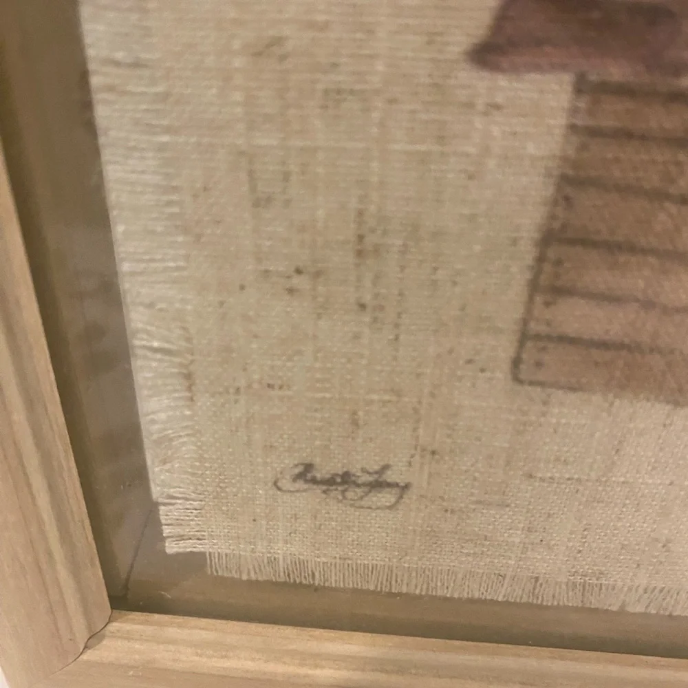 Vintage Signed Textured Fabric Botanical Wall Art with Natural Wood Frame 7”x 7”